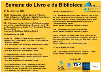 Banner da programação da semana do livro e da Biblioteca - fundo amarelo com letras pretas.